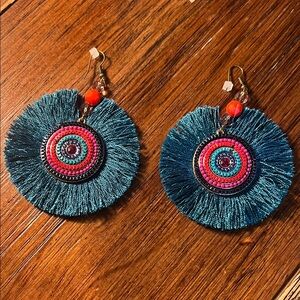 Bohemian Teal and Pink Fringe Earrings